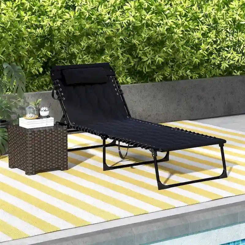 Ensemble de chaises longues pliantes avec dossier inclinable sur 5 positions, chaise longue de bronzage avec siège rembourré, pochette latérale et appui-tête