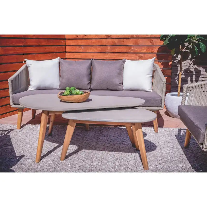 Table d'appoint ovale extérieure en polyrésine inspirée du béton avec pieds coniques en bois marron - Gris - Roche River Decor