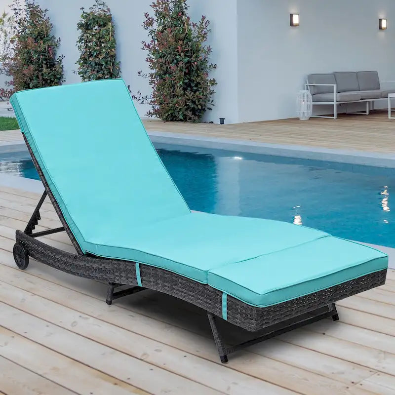Chaise longue de patio inclinable pour l'extérieur en rotin avec dossier réglable, tapis amovible et roues - N/A