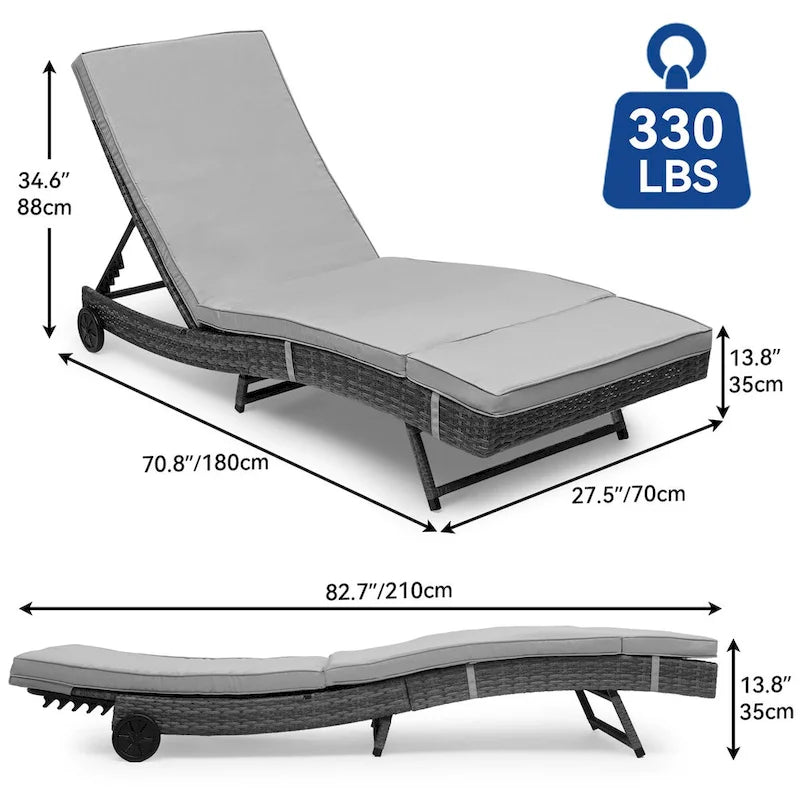 Chaise longue de patio inclinable pour l'extérieur en rotin avec dossier réglable, tapis amovible et roues - N/A