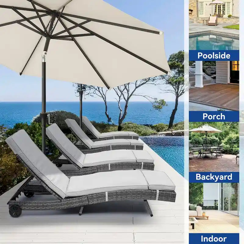 Chaise longue de patio inclinable pour l'extérieur en rotin avec dossier réglable, tapis amovible et roues - N/A