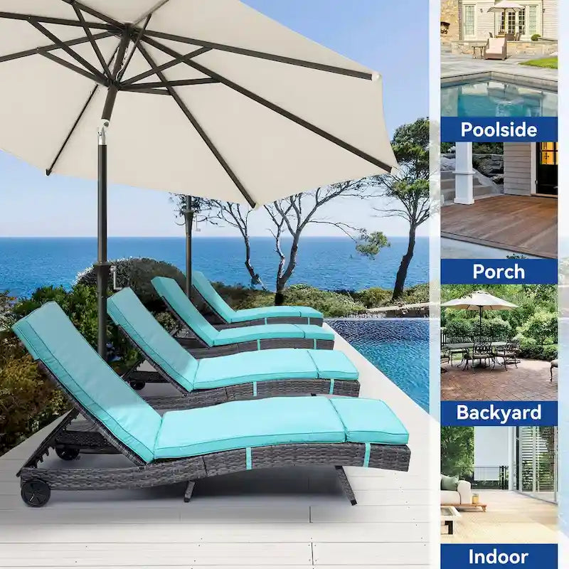 Chaise longue de patio inclinable pour l'extérieur en rotin avec dossier réglable, tapis amovible et roues - N/A