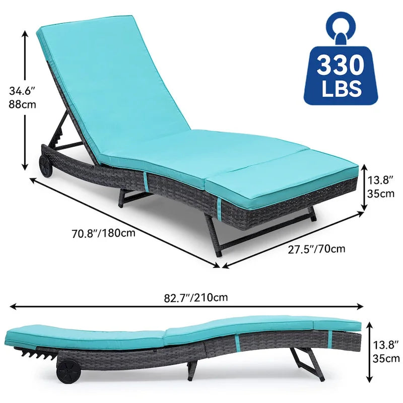 Chaise longue de patio inclinable pour l'extérieur en rotin avec dossier réglable, tapis amovible et roues - N/A