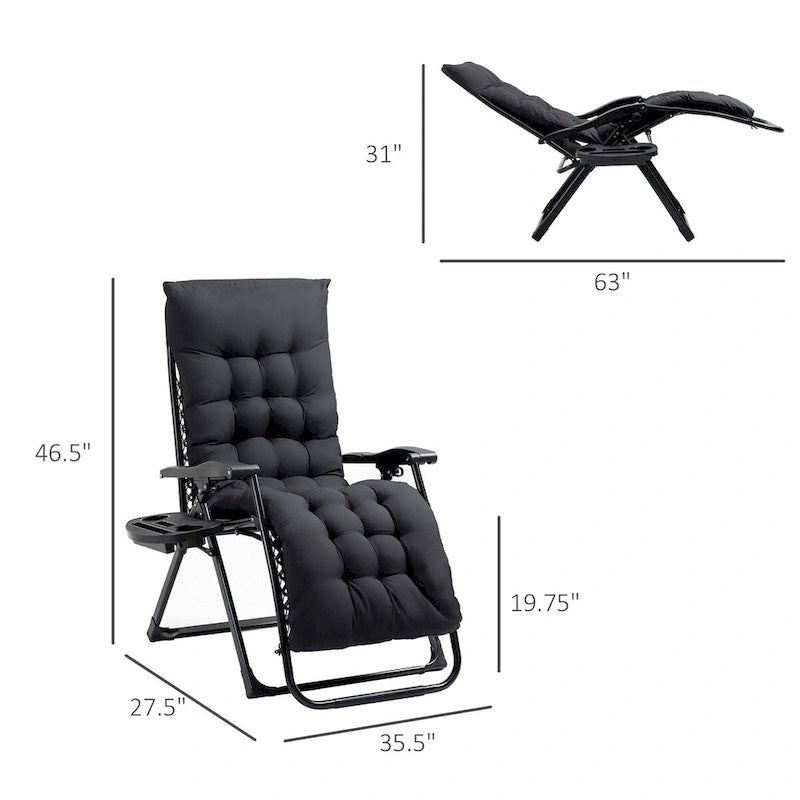 Chaise longue Outsunny Zero Gravity, chaise inclinable pliante avec coussin rembourré, plateau latéral pour l'intérieur et l'extérieur