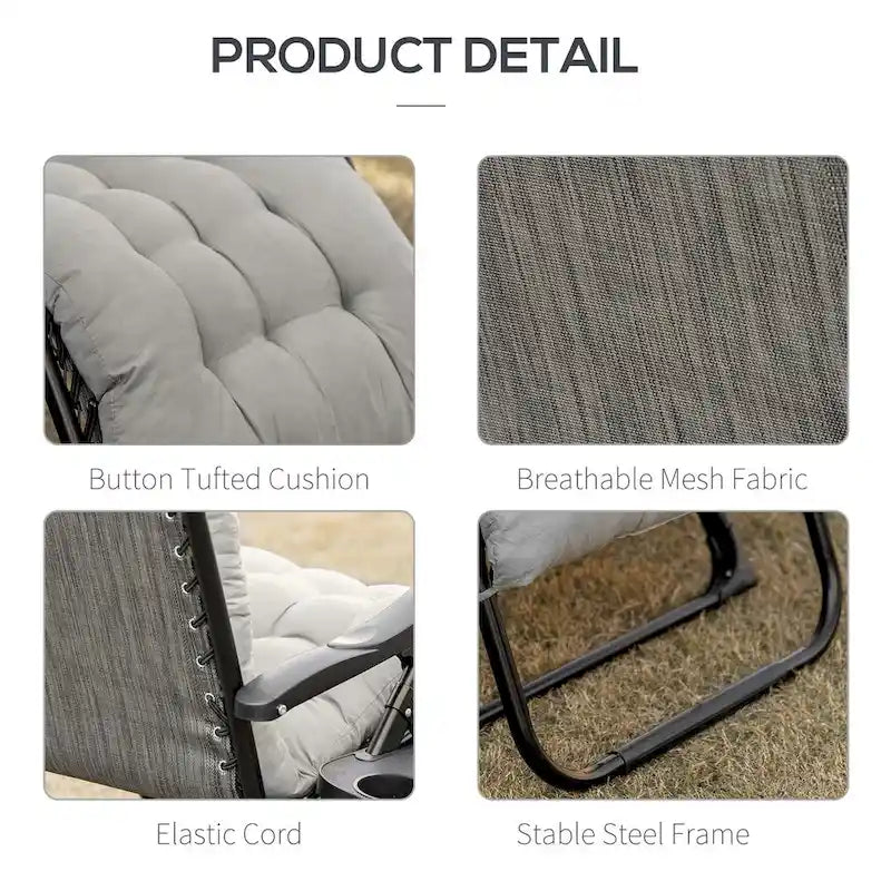 Chaise longue Outsunny Zero Gravity, chaise inclinable pliante avec coussin rembourré, plateau latéral pour l'intérieur et l'extérieur