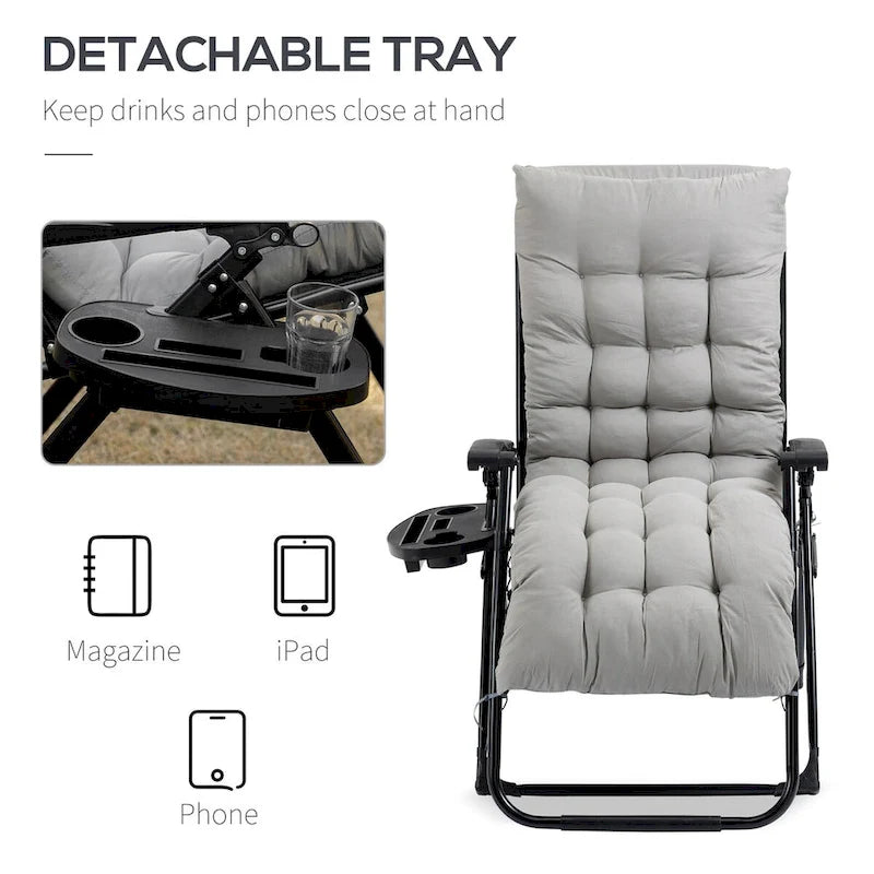 Chaise longue Outsunny Zero Gravity, chaise inclinable pliante avec coussin rembourré, plateau latéral pour l'intérieur et l'extérieur