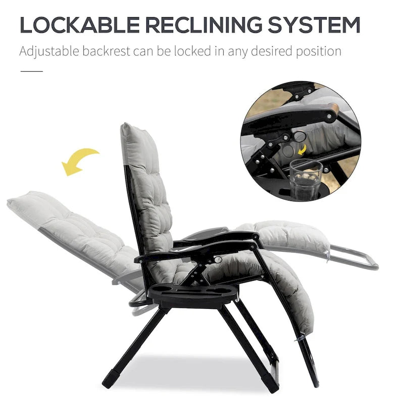 Chaise longue Outsunny Zero Gravity, chaise inclinable pliante avec coussin rembourré, plateau latéral pour l'intérieur et l'extérieur