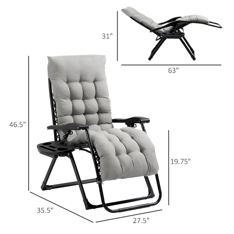 Chaise longue Outsunny Zero Gravity, chaise inclinable pliante avec coussin rembourré, plateau latéral pour l'intérieur et l'extérieur