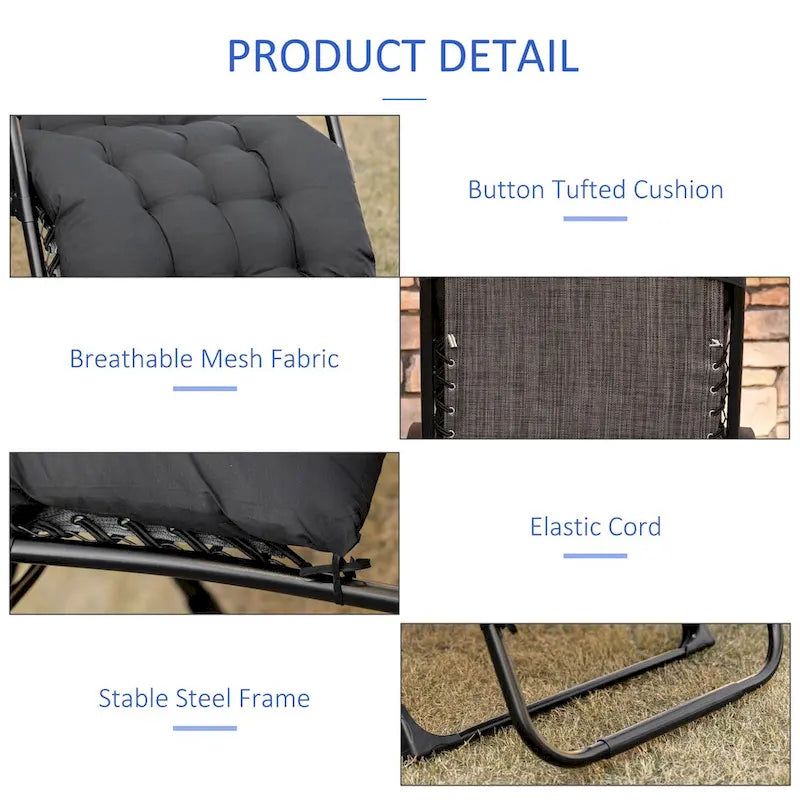 Chaise longue Outsunny Zero Gravity, chaise inclinable pliante avec coussin rembourré, plateau latéral pour l'intérieur et l'extérieur