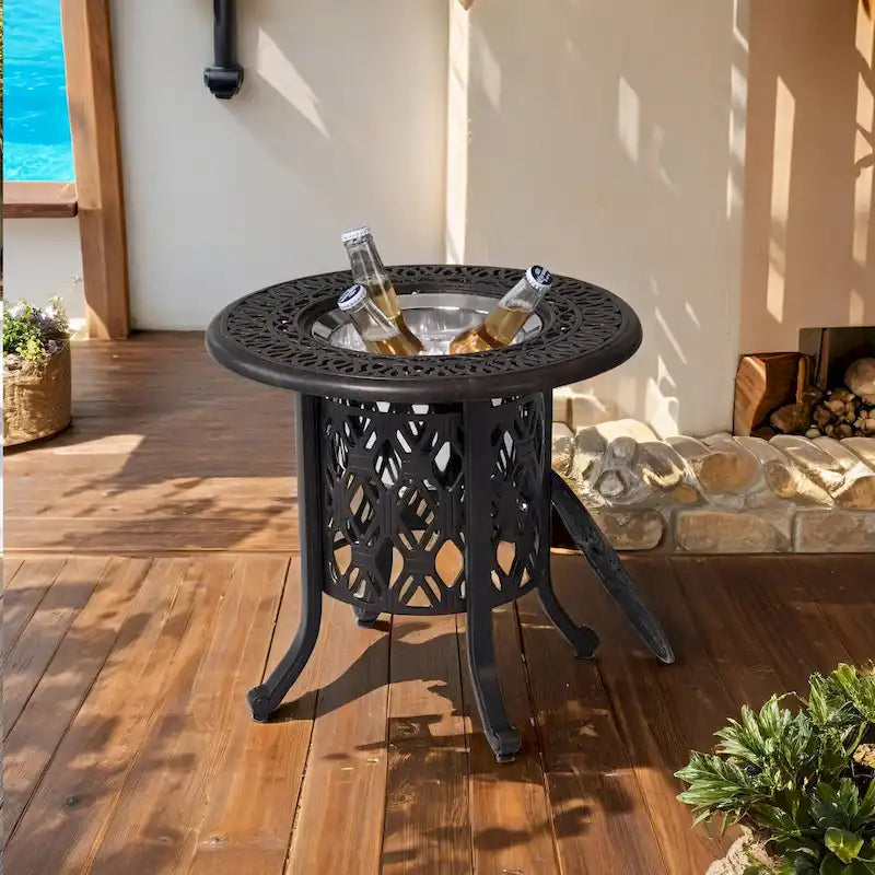 Patio Aluminum Side Table w/ Food Grade 304 Stainless Steel Ice Bucket - 21Round-Ice-Bucket