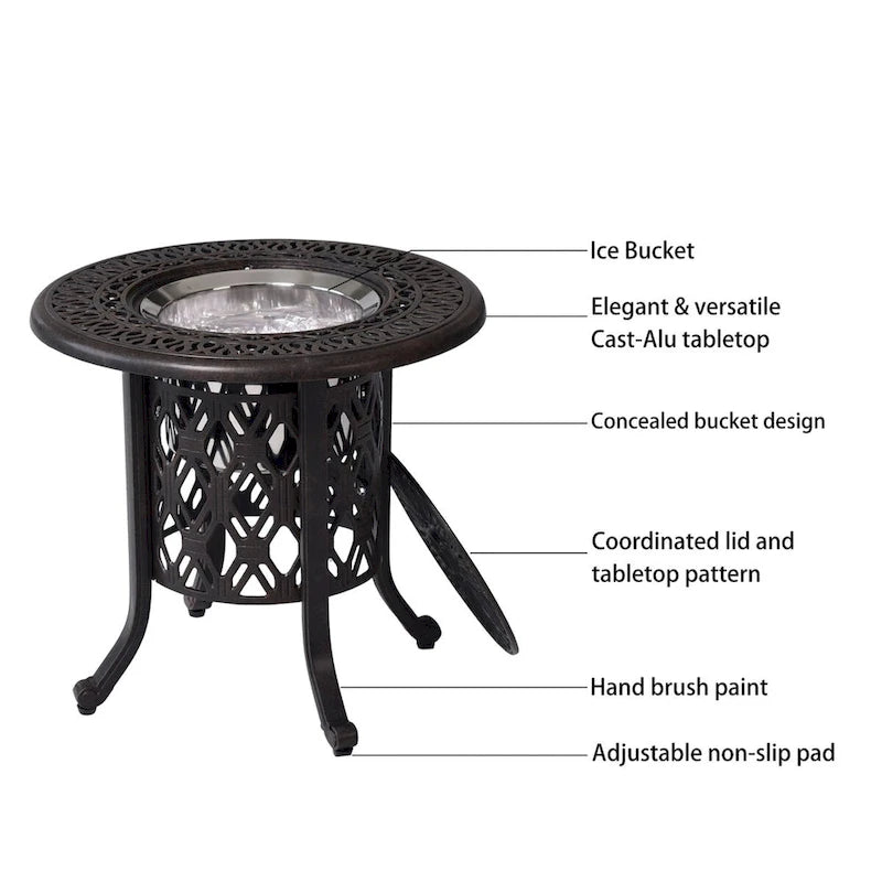 Table d'appoint de patio en aluminium avec seau à glace en acier inoxydable 304 de qualité alimentaire - Seau à glace rond de 21 pouces