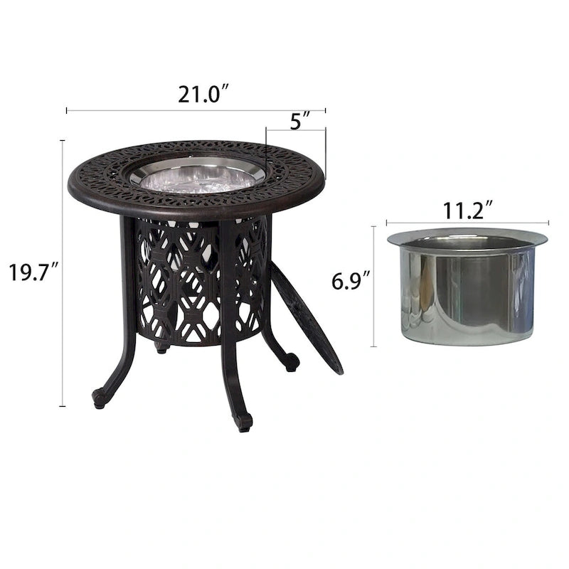 Table d'appoint de patio en aluminium avec seau à glace en acier inoxydable 304 de qualité alimentaire - Seau à glace rond de 21 pouces