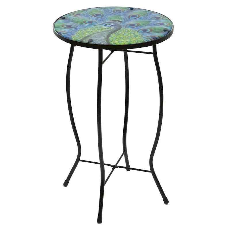 Table d'appoint de terrasse en verre paon bleu et vert, 19 po