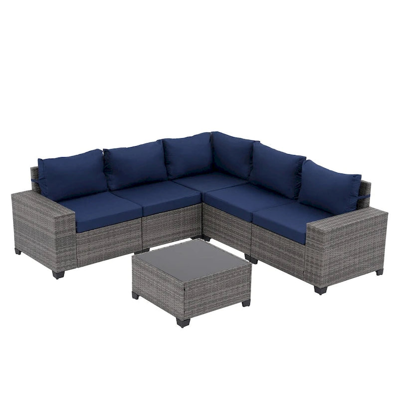 Ensemble de conversation d'extérieur 6 pièces en osier, 5 personnes, combinaison libre, avec housses de coussin double ensemble