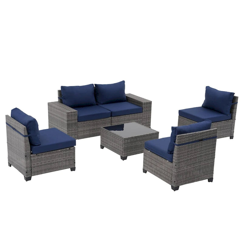 Ensemble de conversation d'extérieur 6 pièces en osier, 5 personnes, combinaison libre, avec housses de coussin double ensemble