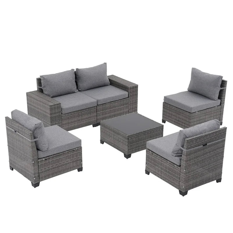 Ensemble de conversation d'extérieur 6 pièces en osier, 5 personnes, combinaison libre, avec housses de coussin double ensemble
