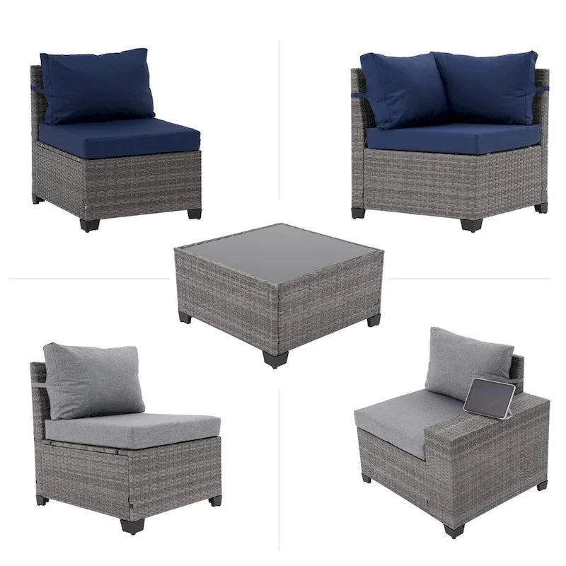 Ensemble de conversation d'extérieur 6 pièces en osier, 5 personnes, combinaison libre, avec housses de coussin double ensemble