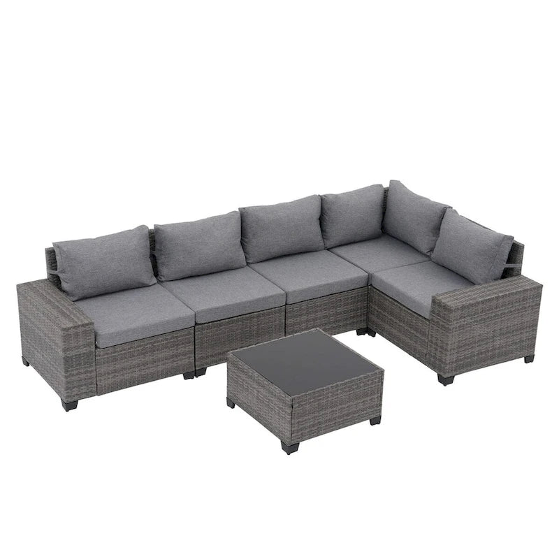 Ensemble de conversation d'extérieur 6 pièces en osier, 5 personnes, combinaison libre, avec housses de coussin double ensemble