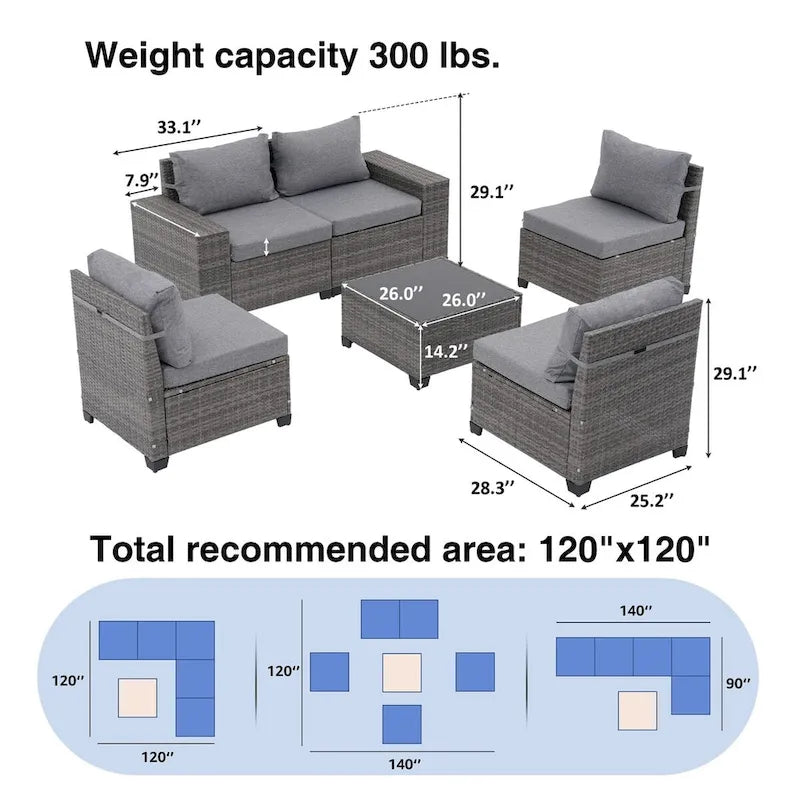 Ensemble de conversation d'extérieur 6 pièces en osier, 5 personnes, combinaison libre, avec housses de coussin double ensemble