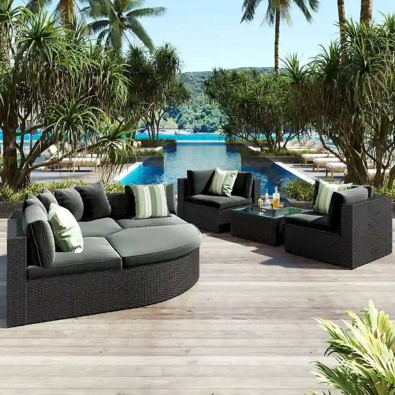 7 Pieces Outdoor Wicker Reversible Patio Sectional with Table, Cushions, and Pillows - 94.1 x 94.1