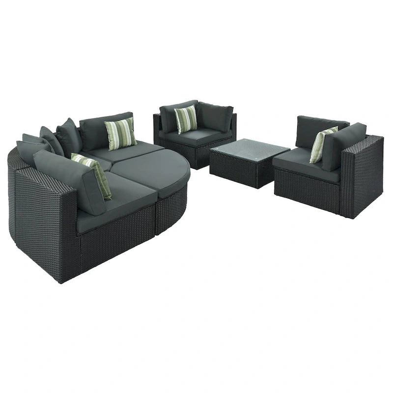 Ensemble de patio modulable réversible en osier d'extérieur 7 pièces avec table, coussins et oreillers - 94,1 x 94,1 po