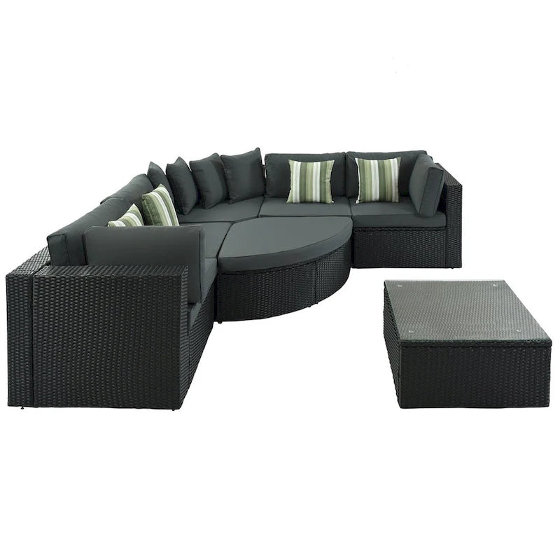 Ensemble de patio modulable réversible en osier d'extérieur 7 pièces avec table, coussins et oreillers - 94,1 x 94,1 po