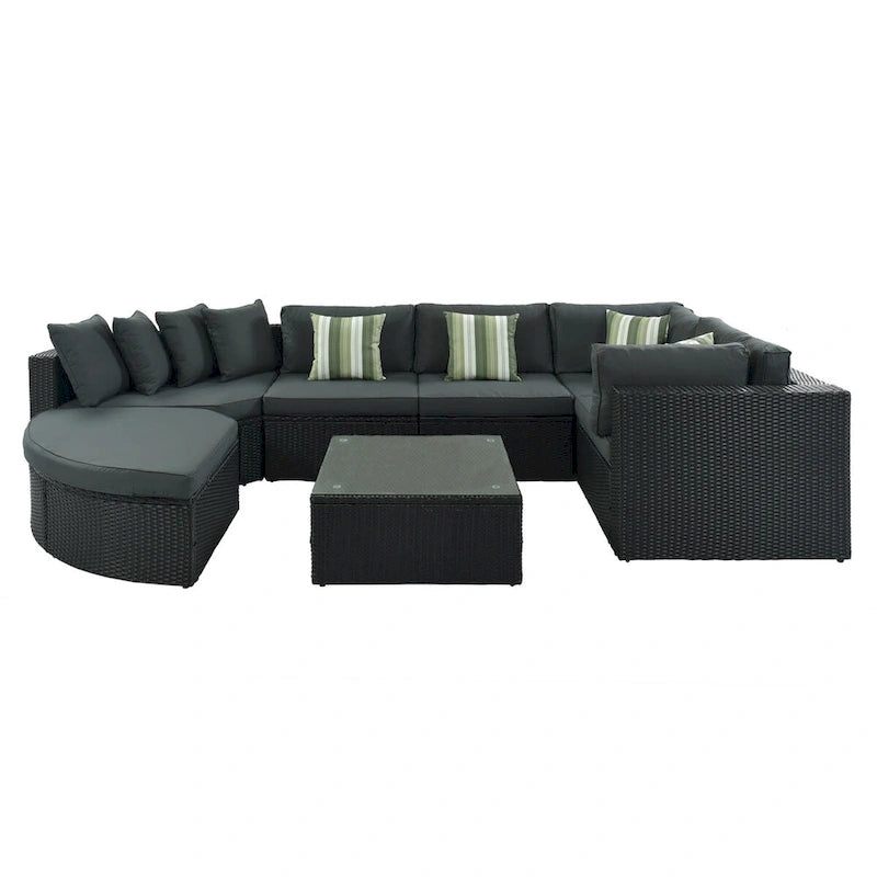 Ensemble de patio modulable réversible en osier d'extérieur 7 pièces avec table, coussins et oreillers - 94,1 x 94,1 po