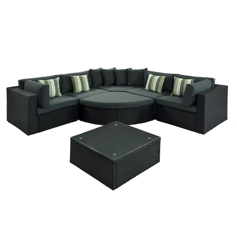 Ensemble de patio modulable réversible en osier d'extérieur 7 pièces avec table, coussins et oreillers - 94,1 x 94,1 po