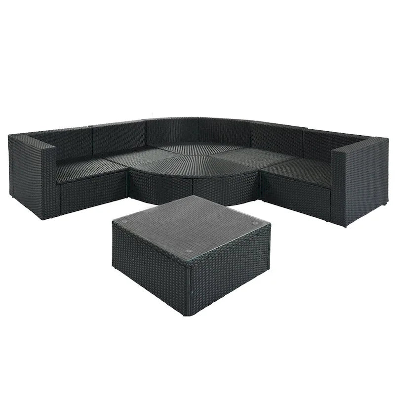 Ensemble de patio modulable réversible en osier d'extérieur 7 pièces avec table, coussins et oreillers - 94,1 x 94,1 po