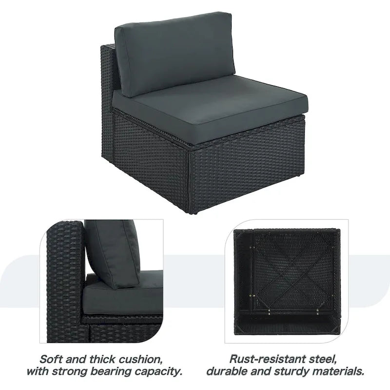 Ensemble de patio modulable réversible en osier d'extérieur 7 pièces avec table, coussins et oreillers - 94,1 x 94,1 po