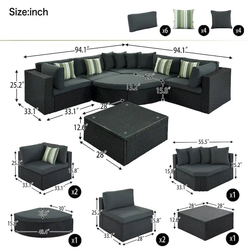 Ensemble de patio modulable réversible en osier d'extérieur 7 pièces avec table, coussins et oreillers - 94,1 x 94,1 po