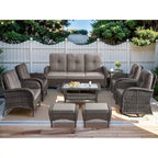 Ensemble de canapé d'extérieur en osier 9 pièces avec fauteuil pivotant, poufs et table basse - Marron