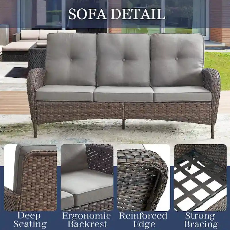 Ensemble de canapé d'extérieur en osier 9 pièces avec fauteuil pivotant, poufs et table basse - Marron