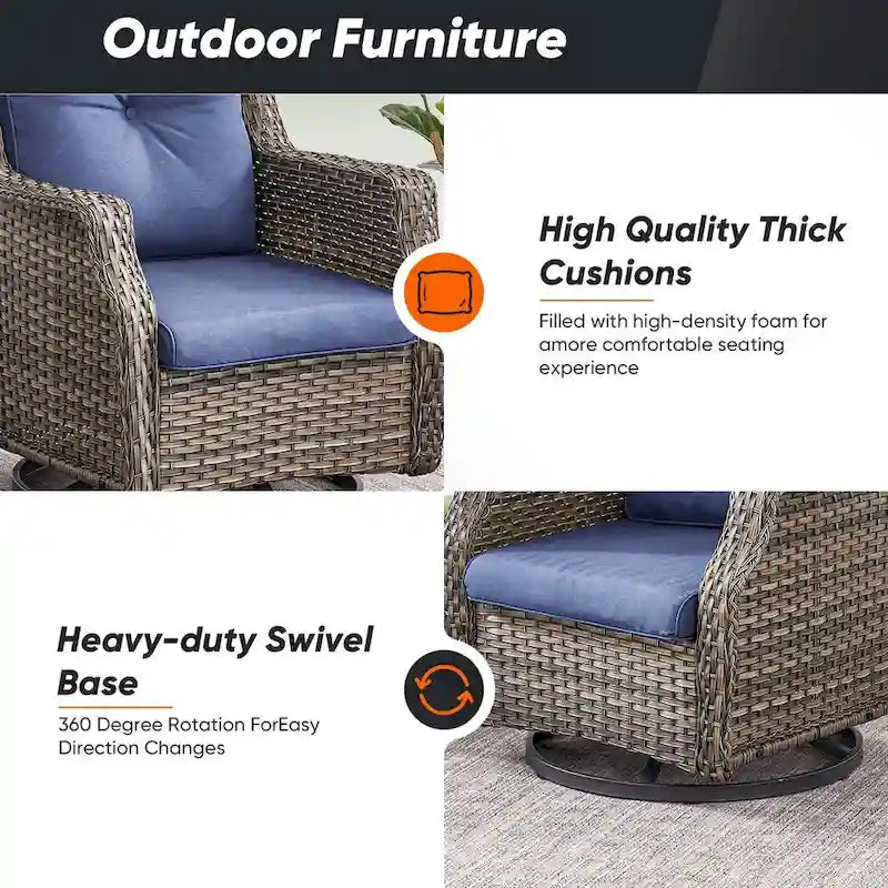 Fauteuils à bascule pivotants en osier d'extérieur avec table basse - Gris
