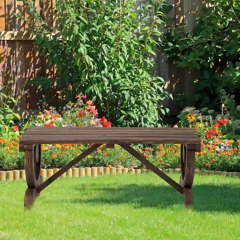 Rustic Country Style 2-Person Wooden Garden Bench, Outdoor Wagon Wheel Backless Bench