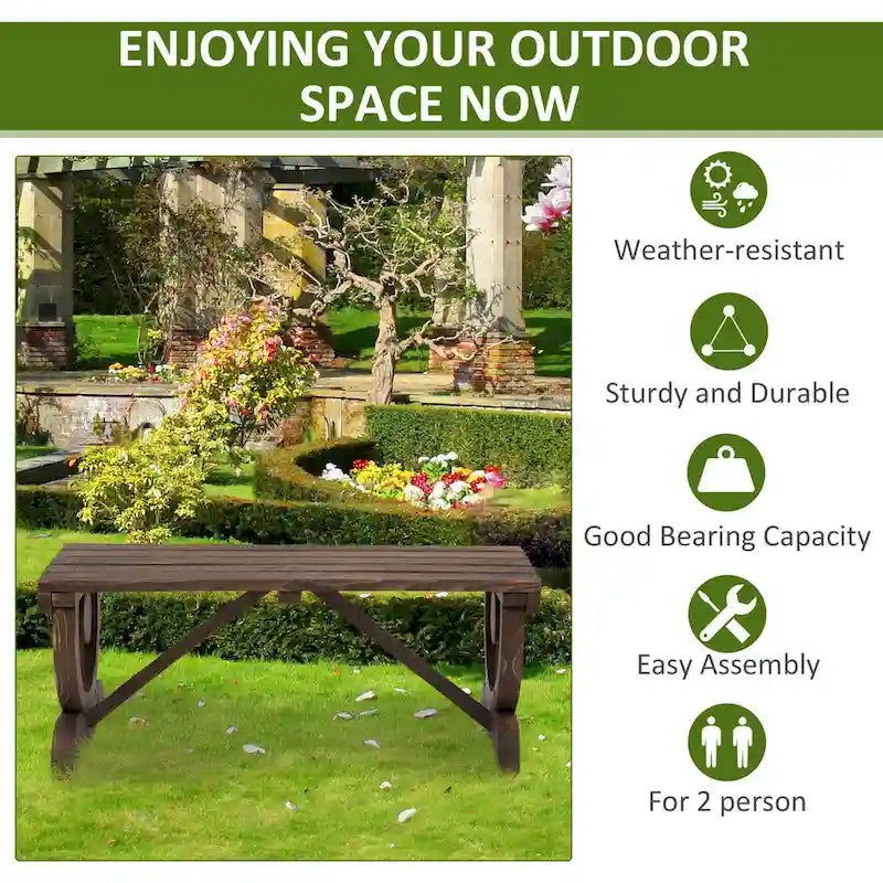 Banc de jardin en bois pour 2 personnes, style rustique, dossier sans dossier, roues de chariot