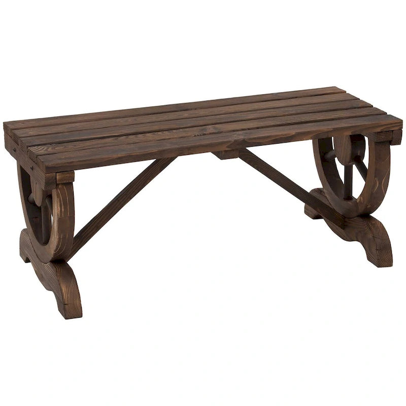 Banc de jardin en bois pour 2 personnes, style rustique, dossier sans dossier, roues de chariot