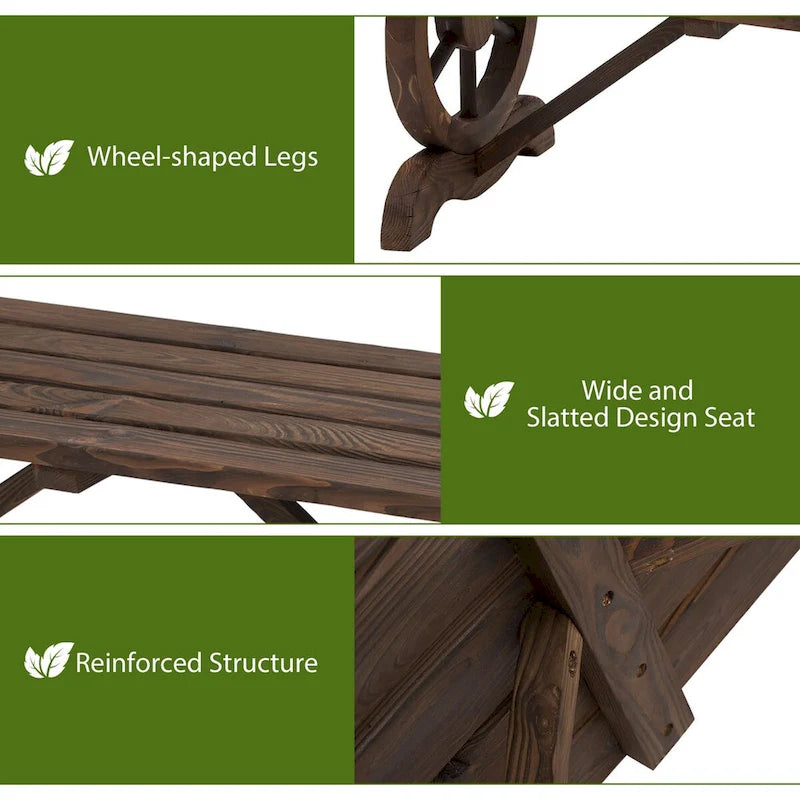 Banc de jardin en bois pour 2 personnes, style rustique, dossier sans dossier, roues de chariot