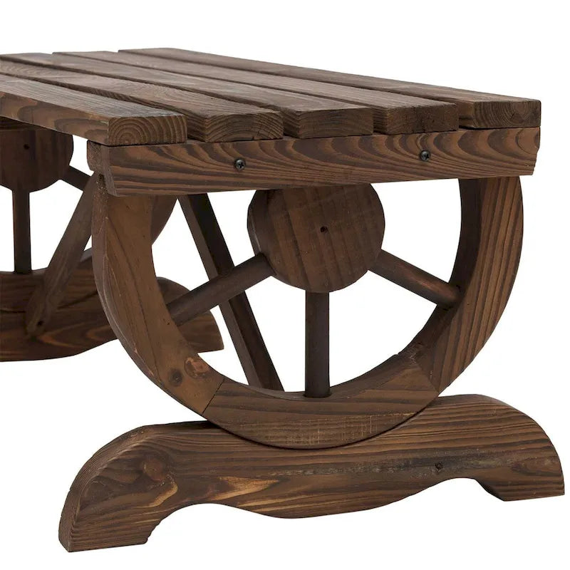 Banc de jardin en bois pour 2 personnes, style rustique, dossier sans dossier, roues de chariot