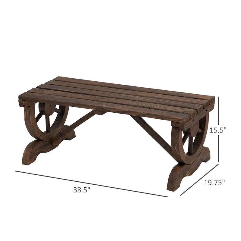 Banc de jardin en bois pour 2 personnes, style rustique, dossier sans dossier, roues de chariot