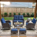 Fauteuils pivotants de patio avec canapé 2 places, table et repose-pieds - Marron