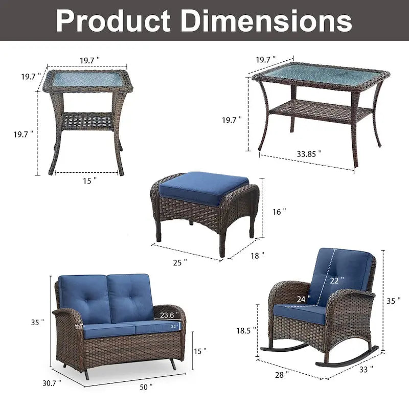 Fauteuils pivotants de patio avec canapé 2 places, table et repose-pieds - Marron