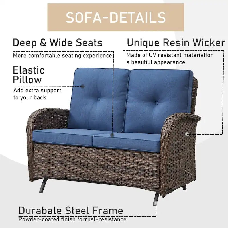 Fauteuils pivotants de patio avec canapé 2 places, table et repose-pieds - Marron