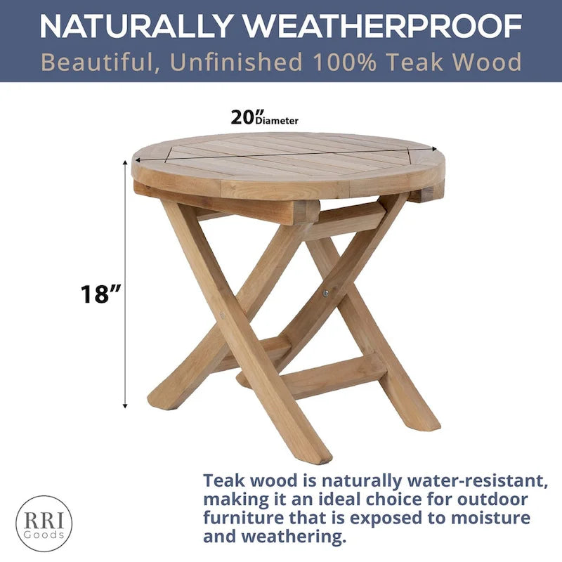 Table basse d'extérieur ronde pliable RRI Goods en bois de teck de 50,8 cm, parfaite pour le jardin, le porche avant ou le balcon