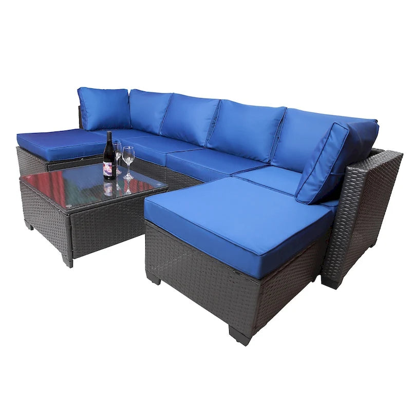 Salon de jardin extérieur 7 pièces en rotin PE avec coussins et table basse