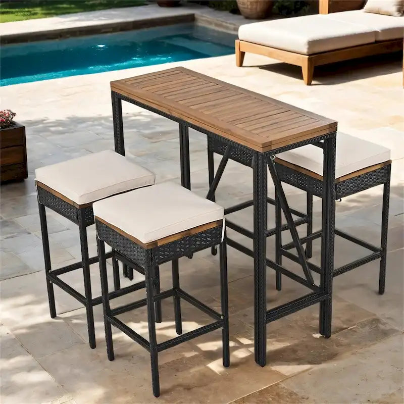 5 Piece Outdoor Wood Dining Set with Cushions and Foldable Tabletop