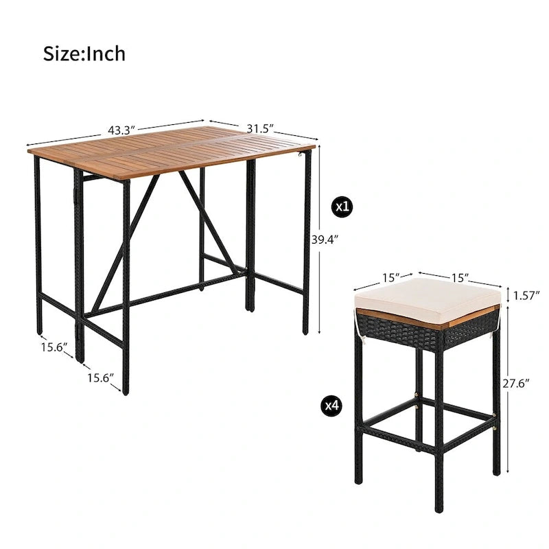 Ensemble de salle à manger d'extérieur 5 pièces en bois avec coussins et plateau de table pliable