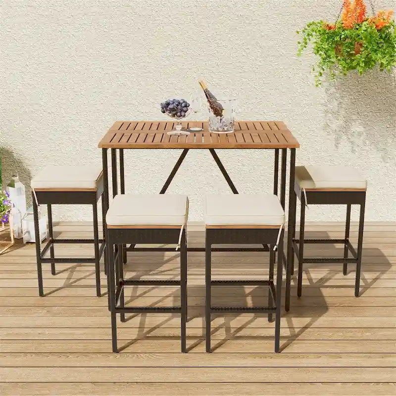 Ensemble de salle à manger d'extérieur 5 pièces en bois avec coussins et plateau de table pliable