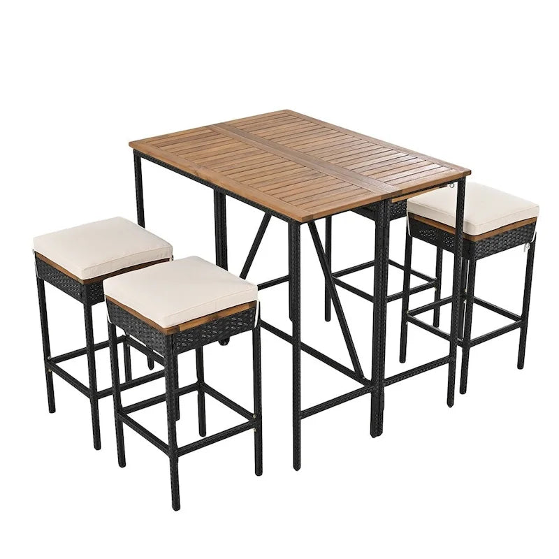 Ensemble de salle à manger d'extérieur 5 pièces en bois avec coussins et plateau de table pliable