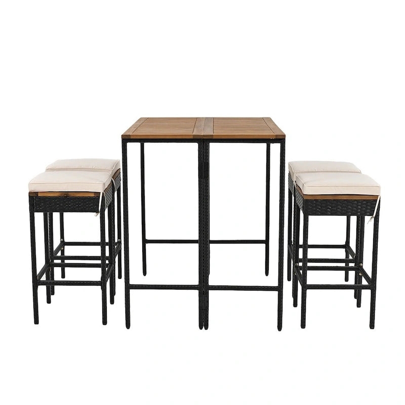 Ensemble de salle à manger d'extérieur 5 pièces en bois avec coussins et plateau de table pliable